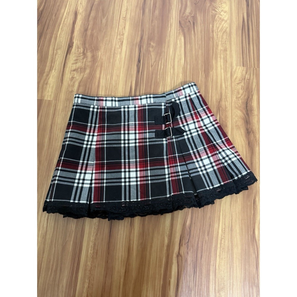 Y2K Red Black Plaid Mini Skirt Black Lace Trim Goth Grunge Punk Academia 5/6 - Picture 3 of 5